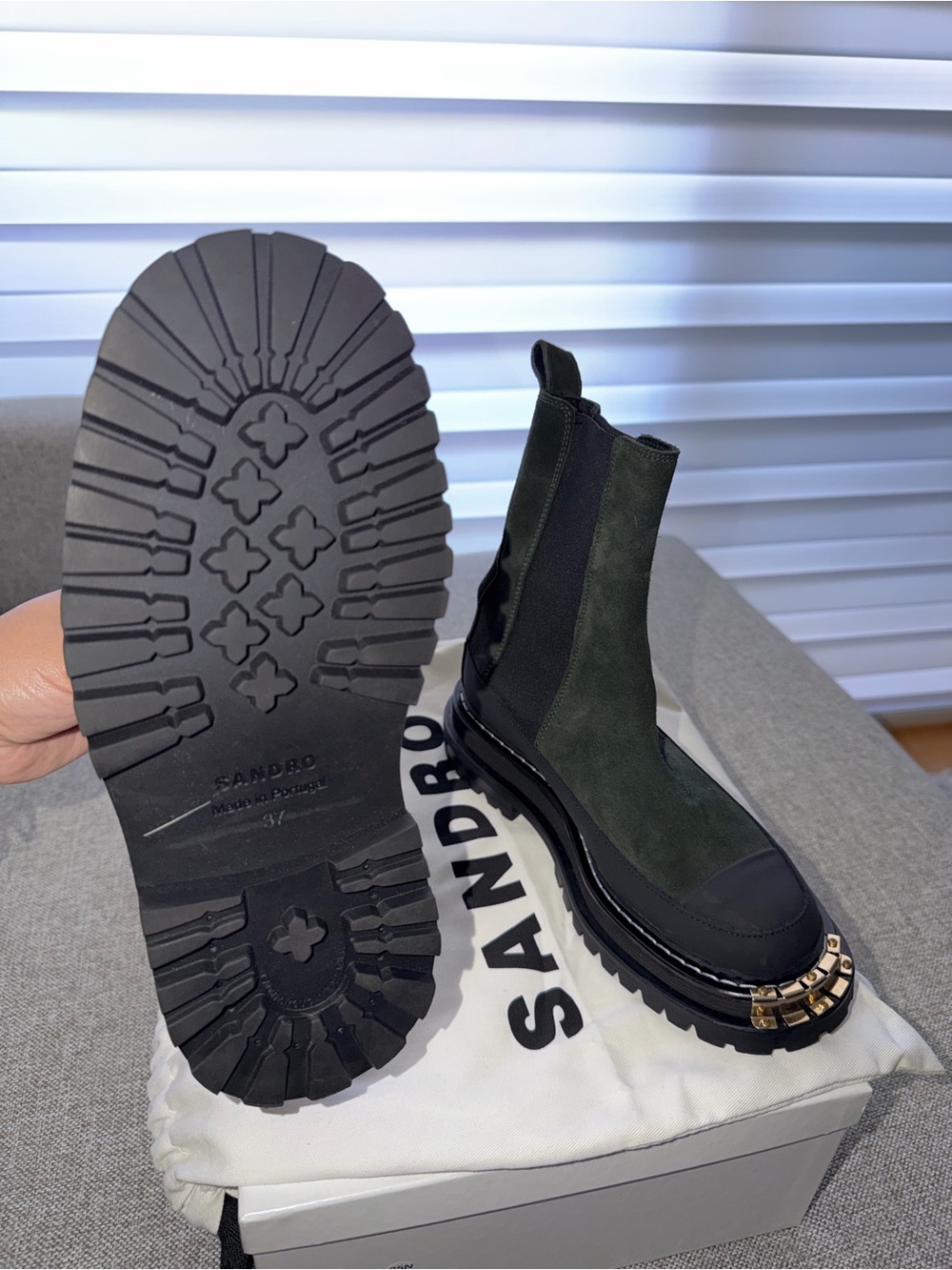 Brand new Sandro Green Suede Chelsea Boots with Black Trim and Gold Studs